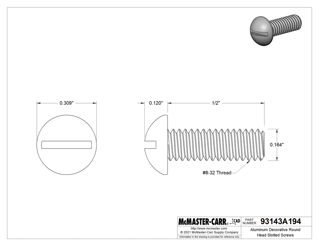 Technical Drawing of Aluminum Decorative Round Head Slotted Screws, 8-32 Thread Size, 1/2" Long.